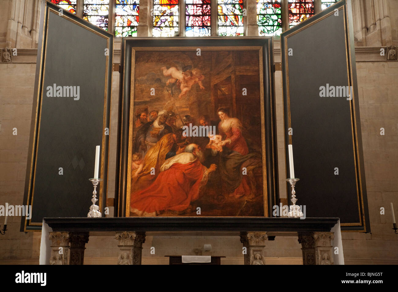 Peinture de Peter Paul Rubens, L'Adoration des Mages (1634) ; dans la chapelle du Kings College, Université de Cambridge, Royaume-Uni Banque D'Images