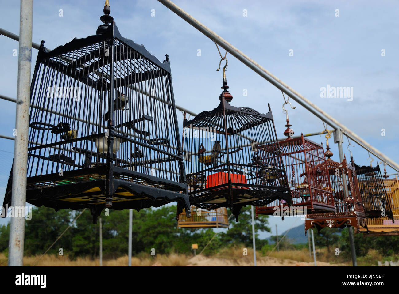 Les cages à oiseaux artisanat bois affiche dans une rue de Takua Pa, Thaïlande Banque D'Images