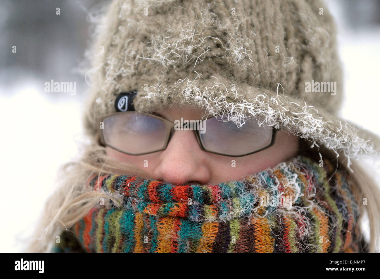 Après une promenade dans le froid 30° en dessous de zéro en Laponie. Banque D'Images