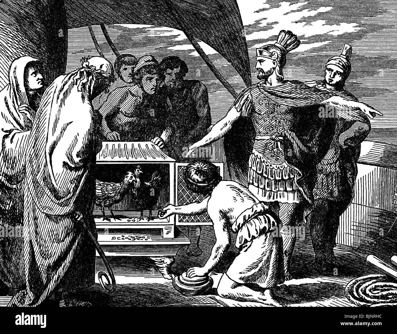 Événements, première guerre Punic 264 - 241 av. J.-C., consul Claudius Pulcher utilisant des poulets sacrés comme oracle, avant la bataille de Drepanum 249, Banque D'Images