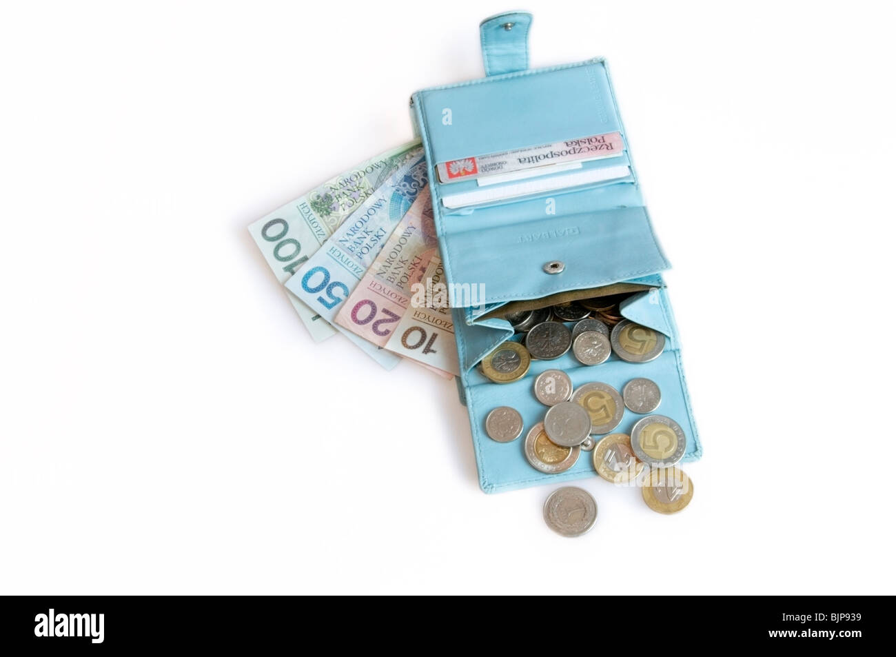 Light blue mesdames ouvrez l'argent dans votre portefeuille avec identification d'Polonais et złotych monnaie, billets et pièces sur un fond blanc, cut-out Banque D'Images