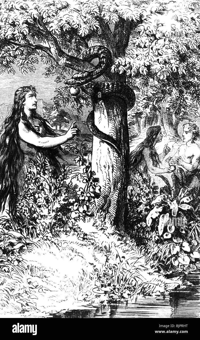 Religion, scènes bibliques, Adam et Eve dans les paradies, « la chute de l'Homme », gravure en bois, XIXe siècle, Banque D'Images