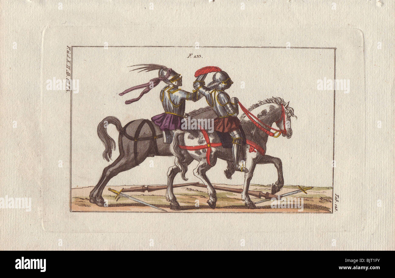 Deux chevaliers en armure à cheval contre un duel sans armes dans un tournoi. Banque D'Images