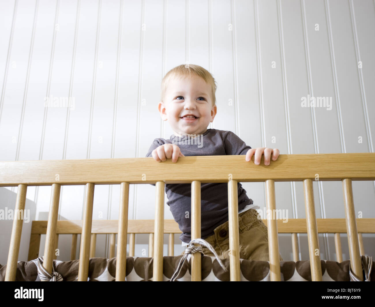 USA, Utah, Provo, Baby Boy (18-23 mois) standing in crib Banque D'Images