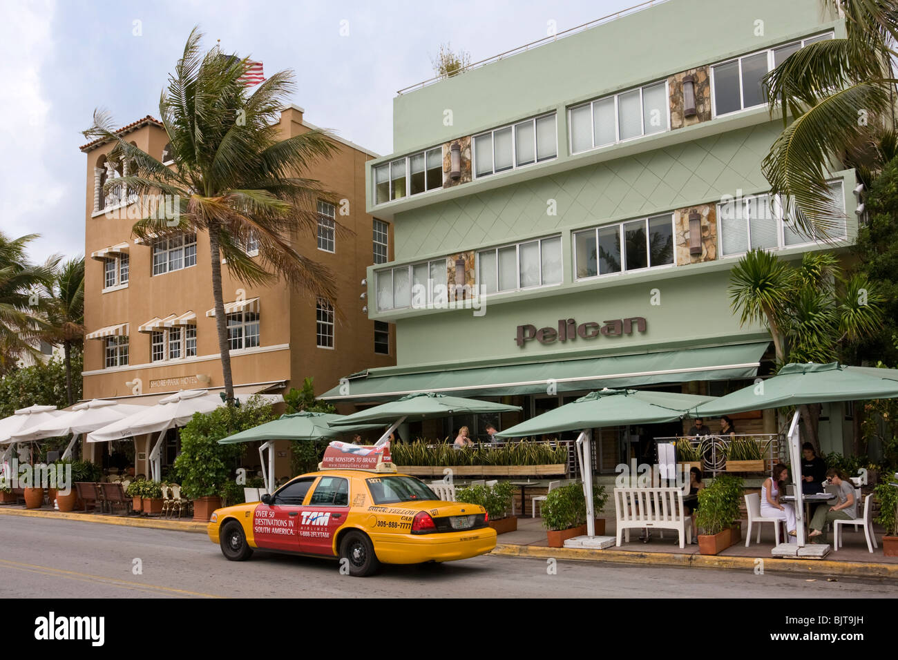 Le Pélican 1940 et 1930 Shore Park Hôtels sur Ocean Drive, à South Beach, Miami, USA. Banque D'Images