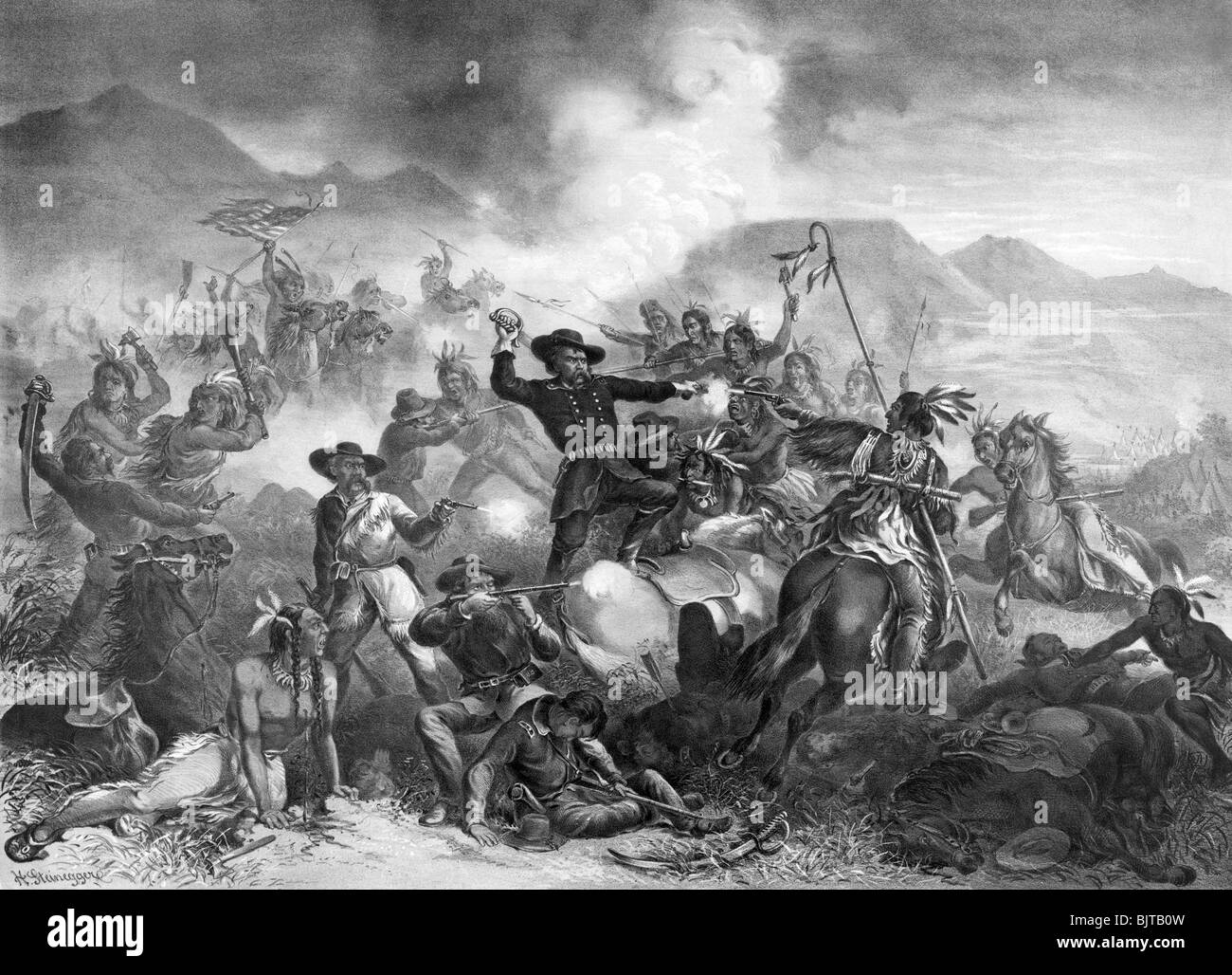 Vintage noir et blanc lithographie c1878 intitulée "La mort du général Custer Lutte - La bataille de Little Big Horn'. Banque D'Images