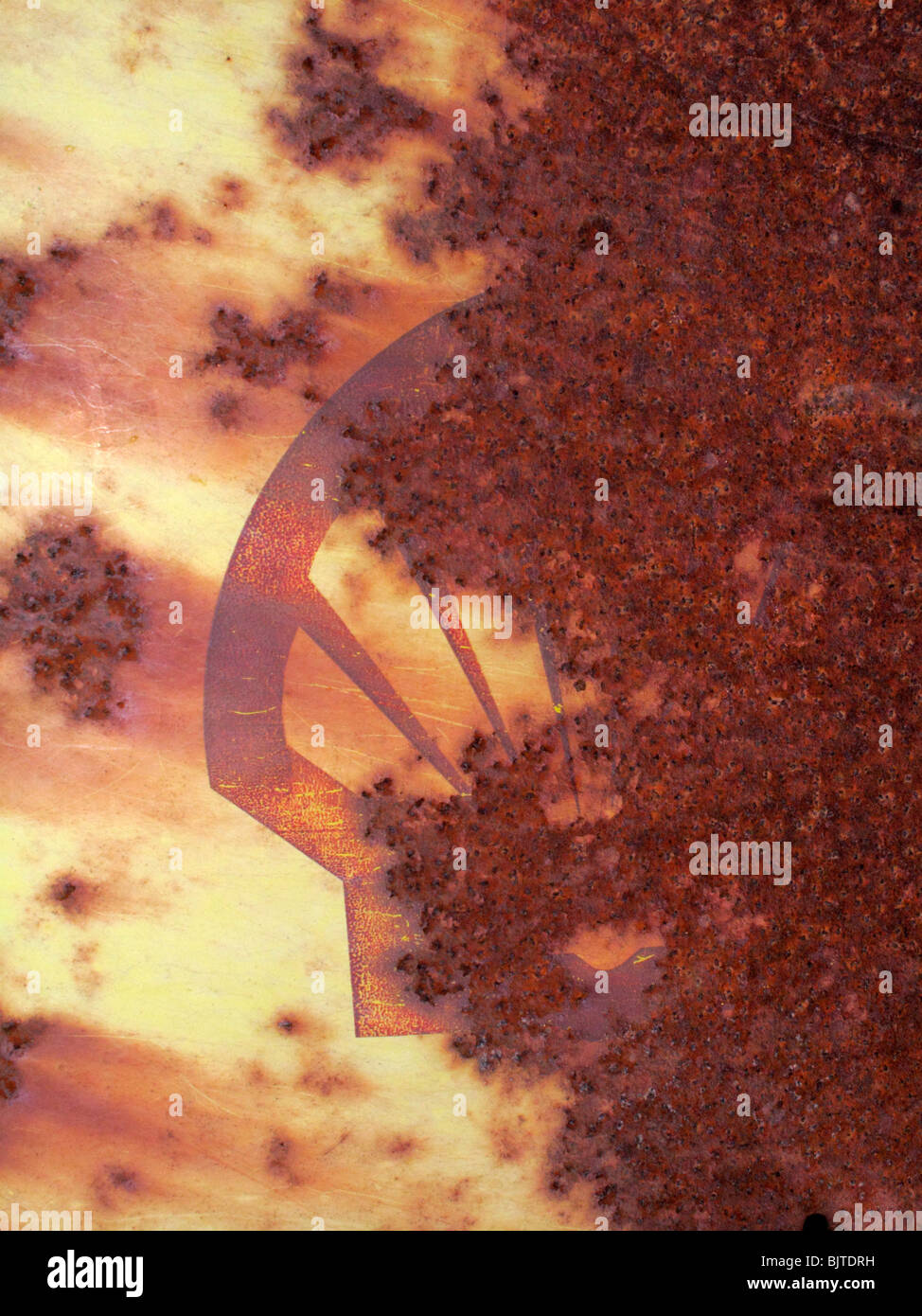 La compagnie Shell huile / essence étant symbole rongés par la rouille sur un vieux fût métallique. Banque D'Images