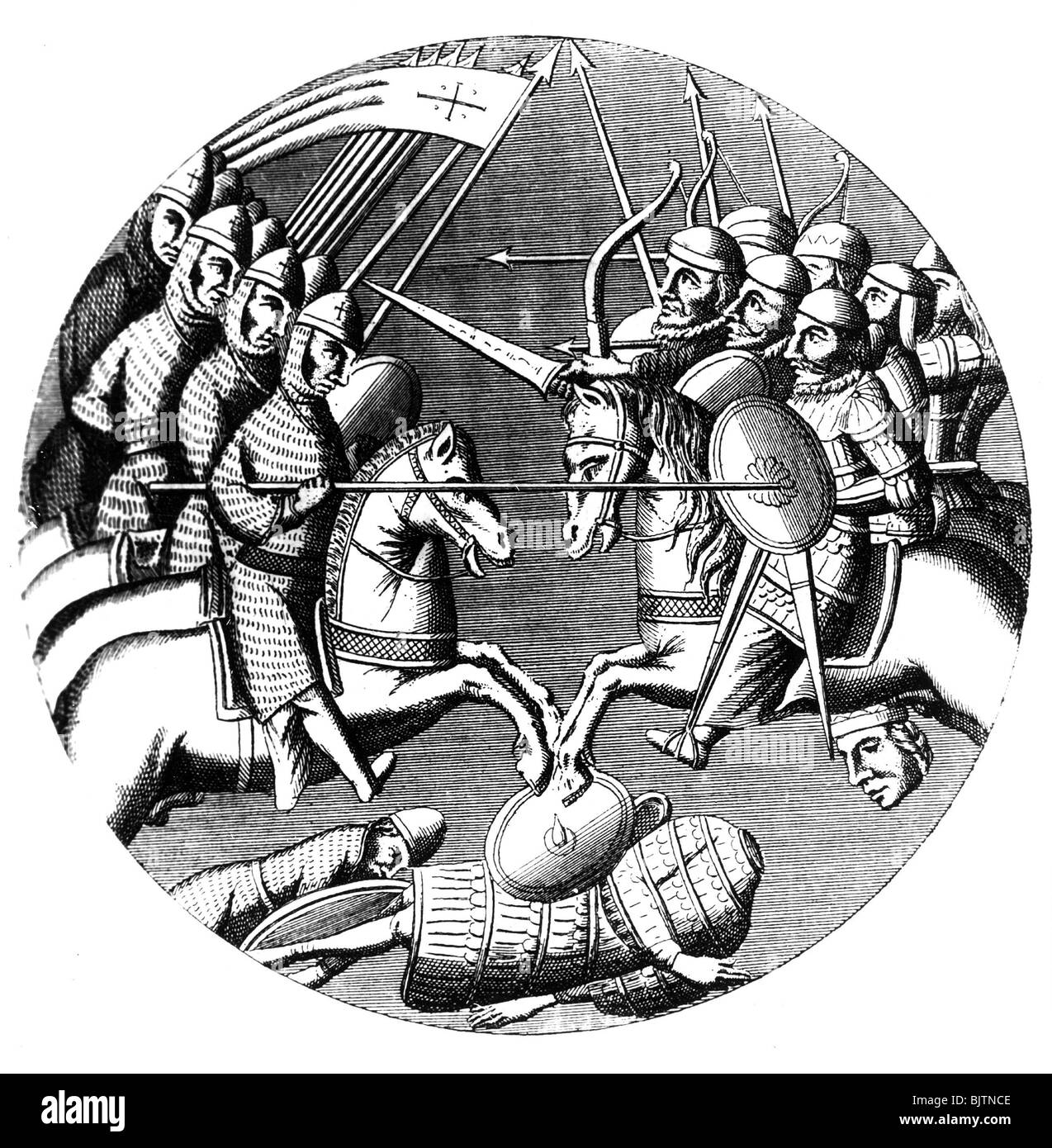 Moyen âge, croisades, 1ère croisade 1095 - 1099, Bataille d'Ashkelon, 12.8.1099, victoire chrétienne contre l'armée égyptienne, gravure en bois après une peinture en verre de l'Abbaye de Saint-Denis, XIe siècle, historique, France, chevaliers, croisade, croisés, lutte, guerre religieuse, guerre religieuse, religion, guerres militaires, musulmans, musulmans Musulmans, musulmans, musulmans, Egypte, Fatimide, Fatimides, arabes, Arabes, Saracen, cavalerie, cavalries, médiévale, peuple, Banque D'Images