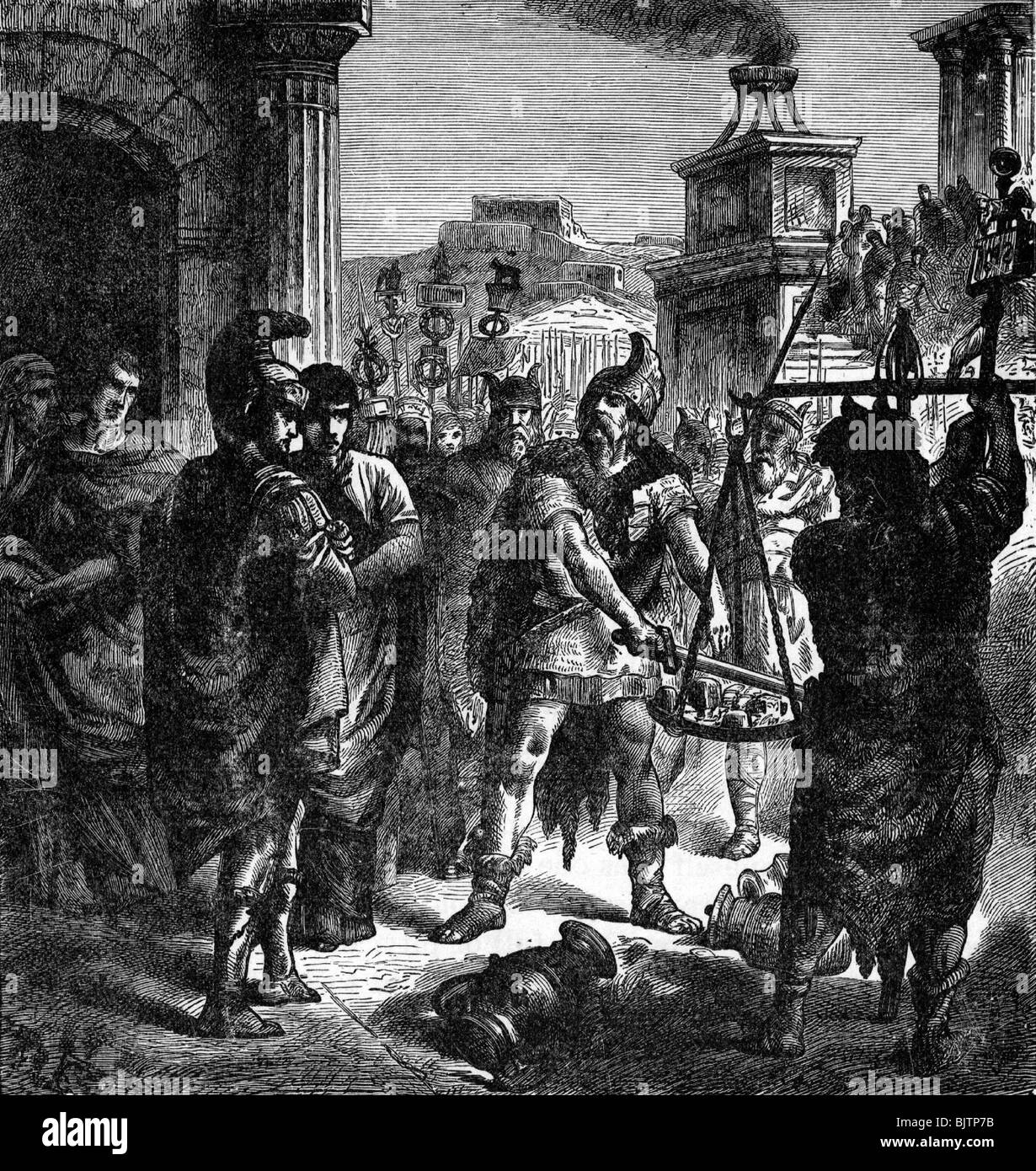 Événements, conquête celtique de Rome, vers 388 av. J.-C., 'Vae victis', Brennus jetant son épée à l'échelle, gravure sur bois, XIXe siècle, , Banque D'Images