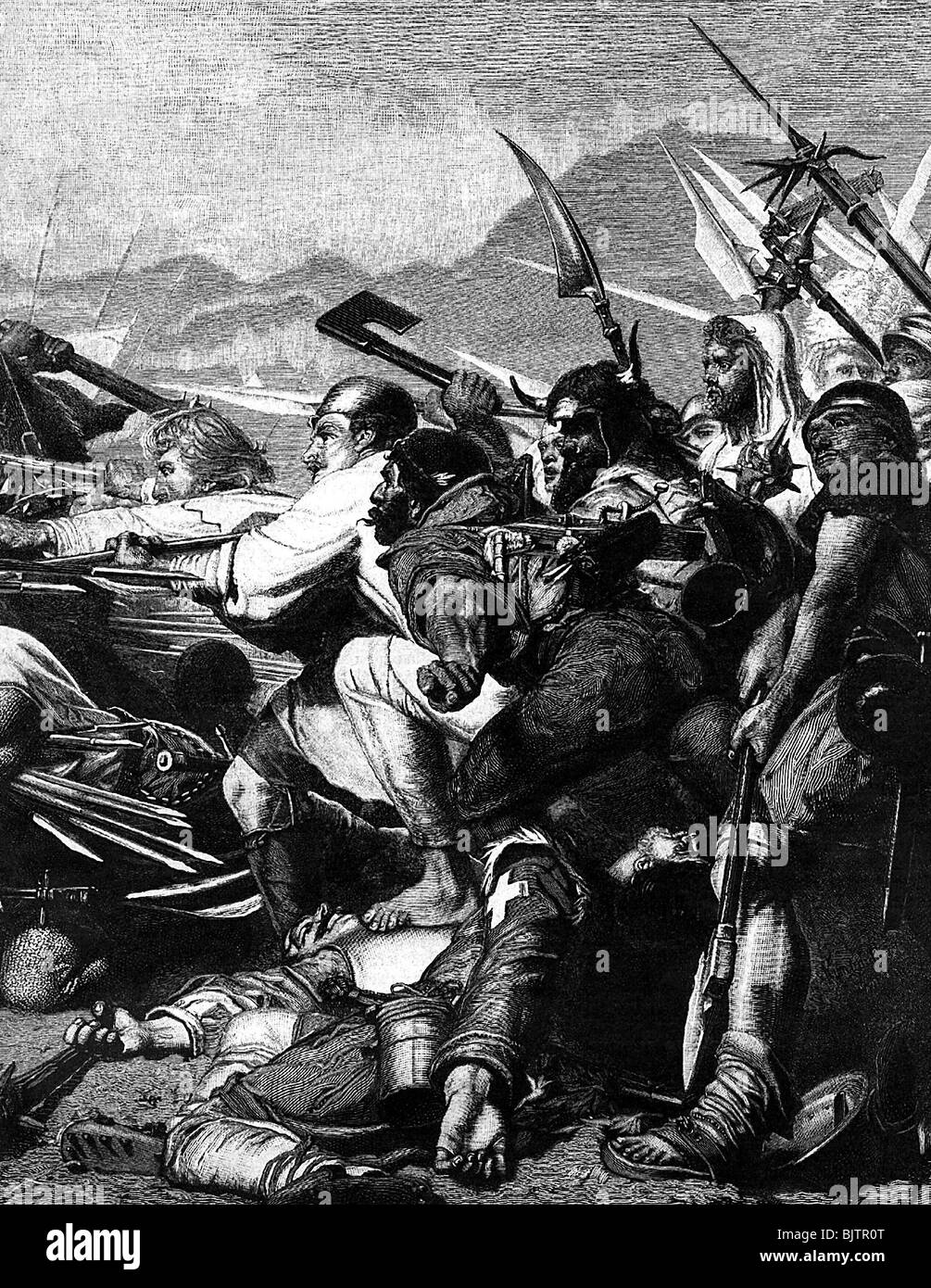 Guerre de Sempach 1385 - 1386, Bataille de Sempach, 9.7.1386, mort d'Arnold Winkelried, gravure de bois après peinture de Konrad Grob, XIXe siècle, Banque D'Images