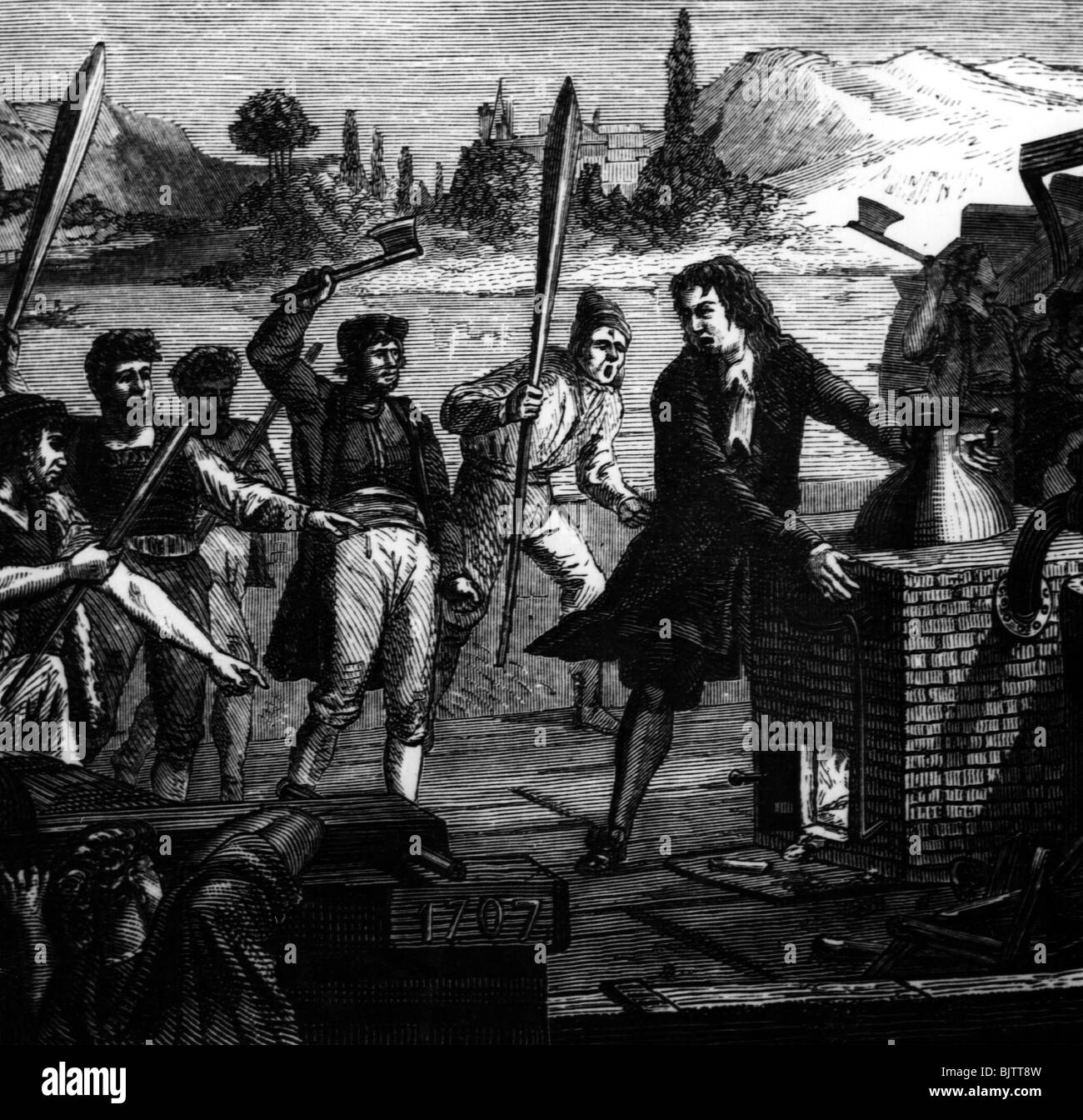 Papin, Denis, 22.8.1647 - vers 1713, scientifique naturel français, inventeur (digesteur à vapeur), scène, est menacé par les marins lors de sa tentative de naviguer sur la rivière Weser, gravure en bois, XIXe siècle, Banque D'Images