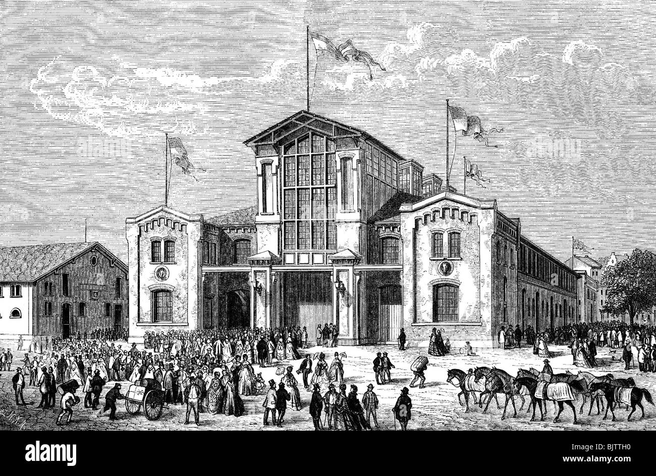 Géographie / voyages, Allemagne, Francfort-sur-le-Main, exposition, salle d'exposition de l'association agricole, gravure sur bois après dessin par Karl Heim, 1870, Banque D'Images