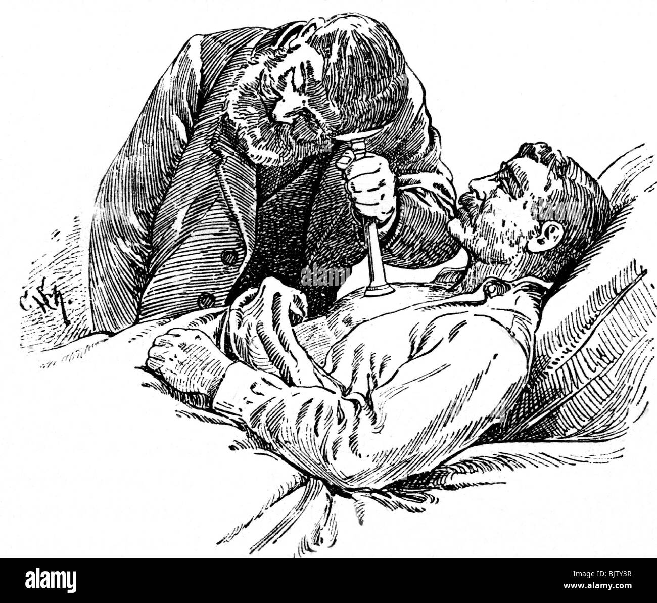 Médecine, médecin, pendant l'évaluation avec stéthoscope, gravure sur bois après dessin, XIXe siècle, historique, historique, stéthoscopes, trompette d'oreille, trompettes d'oreille, médecin, médecin, médecin /M.D./, médic , médecins, médecins, médecine, patient, homme, homme, homme, homme, homme, homme, homme, homme, Banque D'Images