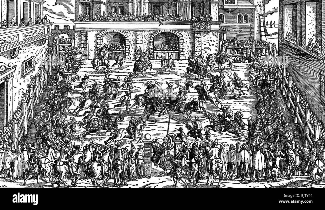 Âges moyens, chevaliers, tournoi, sous Maximilian II, près de Vienne, 1565, Banque D'Images