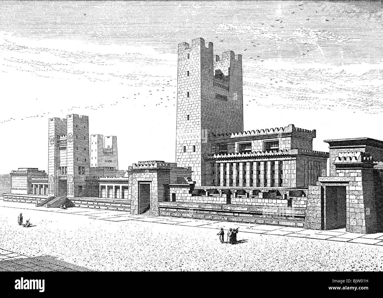 Géographie / voyage, Palestine, Jérusalem, quartier des temples, mur de la cour avant du prêtre, reconstruction, après Perrot-Chipiez, gravure en bois, XIXe siècle, historique, devant les tribunaux, religion, judaïsme, juifs, juifs, judaïsme, juifs, juifs, juifs, peuple, Banque D'Images