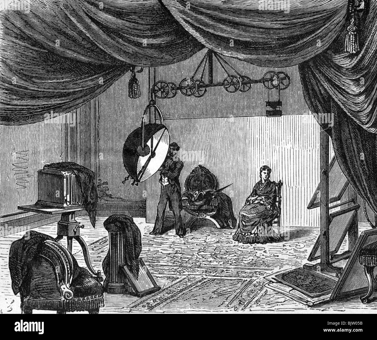 photographie, studio photographique, utilisation de la lumière électrique pour photographier, après gravure en bois par anonyme, vers 1890, Banque D'Images