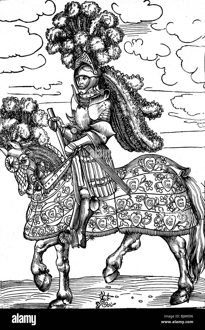 Les âges moyens, les chevaliers, le chevalier sur cheval avec l'armure de chevalier décoré, la coupe du bois par Lukas Cranach l'aîné (1472 - 1553), Banque D'Images