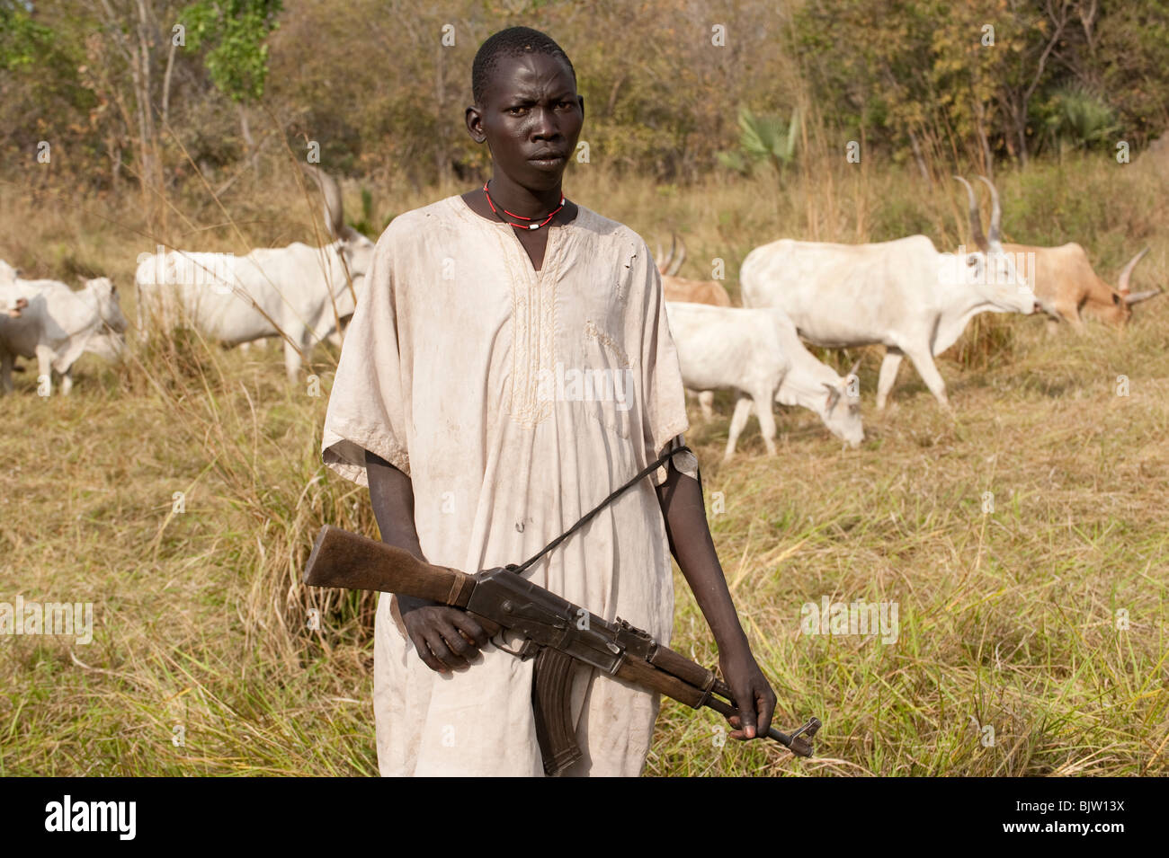 Au sud-Soudan, Cuibet près de Rumbek , tribu Dinka, Shepherd armés de Kalachnikov AK-47 protéger leurs vaches zébu bovins hostile de raider Banque D'Images