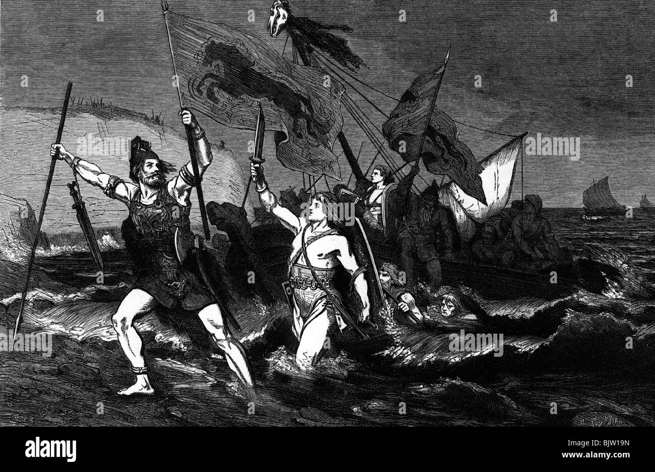 Géographie / voyage, Grande-Bretagne, peuplement anglo-saxon, 5ème siècle, invasion des Saxons, après dessin de H. Knackfuss, gravure en bois, 19ème siècle, historique, époque médiévale, Moyen âge, germanique, Teuton, le peuple germanique, Teutons, drapeau, Europe occidentale, Banque D'Images