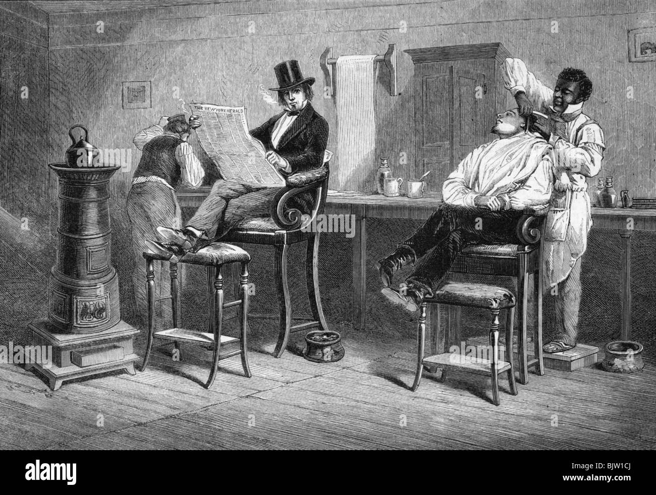 Personnes, professions, hommes, barber shop à Richmond (Virginie, États-Unis), gravure d'Eyre Crowe, vers 1850, Banque D'Images