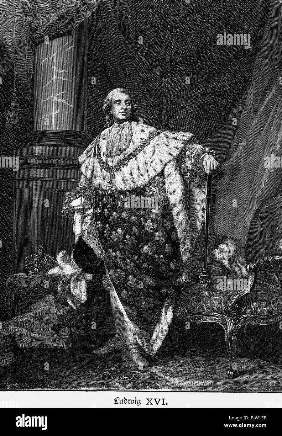 Louis XVI, 23.8.1754 - 21.1.1793, roi de France 10.5.1774 - 21.9.1792, pleine longueur en couronnement regalia, gravure en bois après peinture par Duplessis, , Banque D'Images