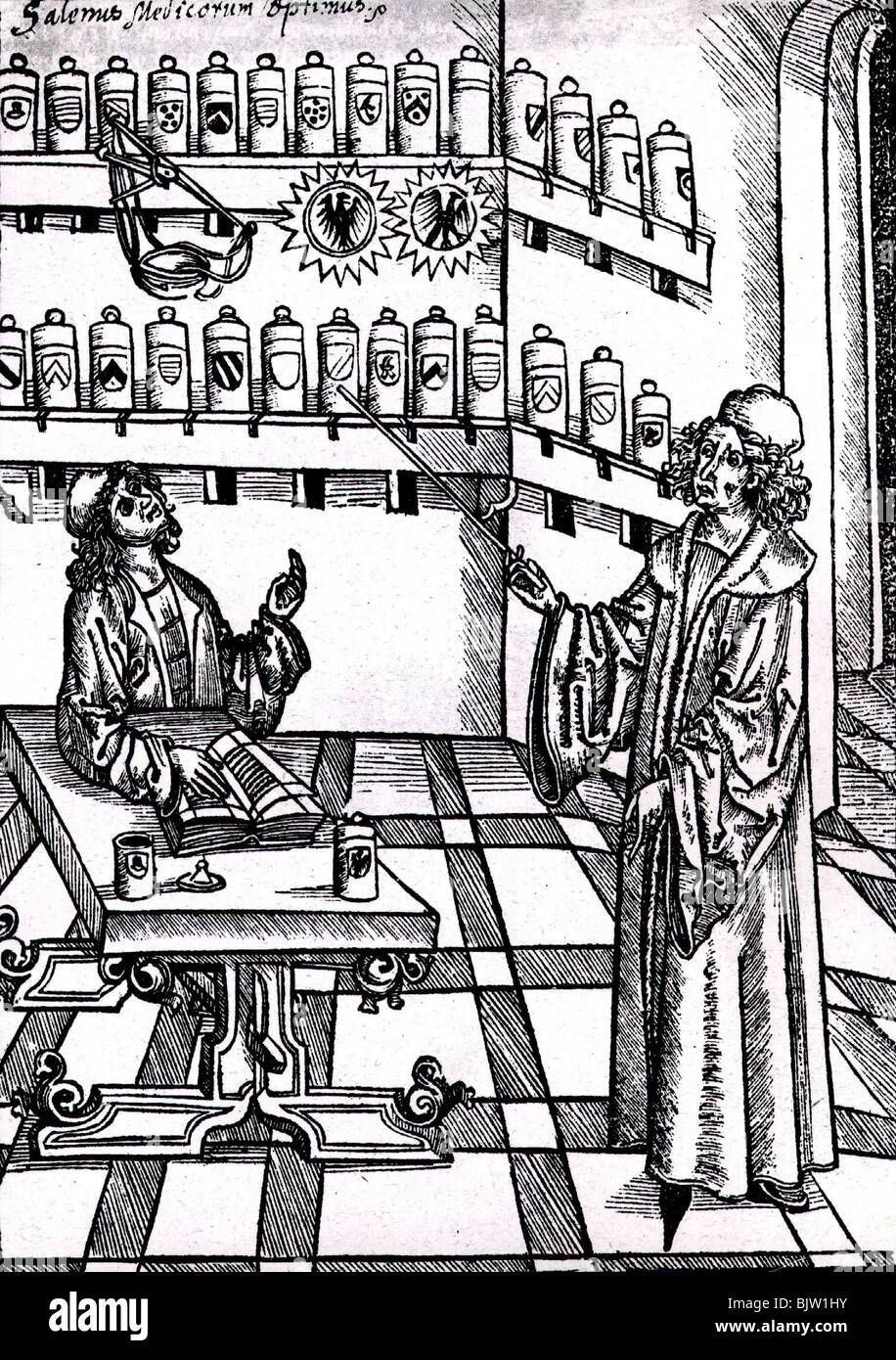 Médecine, pharmacie, docteur en pharmacie montrant des médicaments, la coupe du bois à 'Das nuw Buch der rechten Kunst zu destillieren' par Hiernymus Brunschwyk, 1505, Banque D'Images