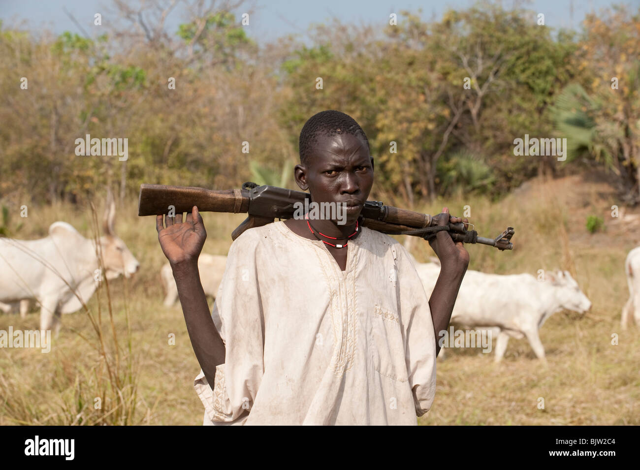 Au sud-Soudan, Cuibet près de Rumbek , tribu Dinka, Shepherd armés de Kalachnikov AK-47 protéger leurs vaches zébu bovins hostile de raider Banque D'Images