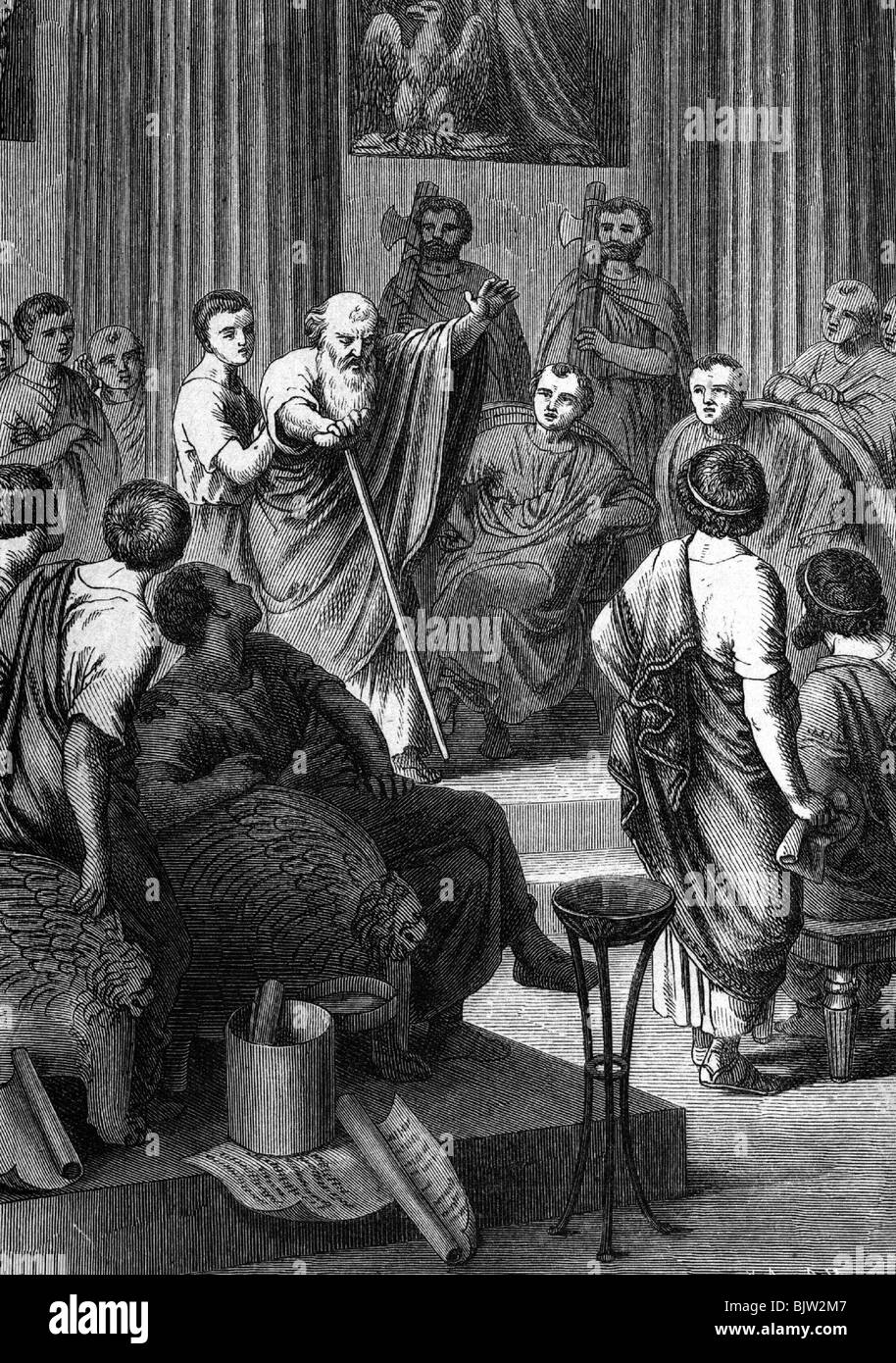 Ancien monde, Empire romain, sénat, Appius Claudius Caesus parle auditionné par Kineas, le ministre de Phyrrus d'Épire, 280 av. J.-C., gravure en bois, XIXe siècle, senates, historique, histoire, guerres de Phyric, débat, débats, débat politique, discours, politique, monde ancien, peuple, Banque D'Images