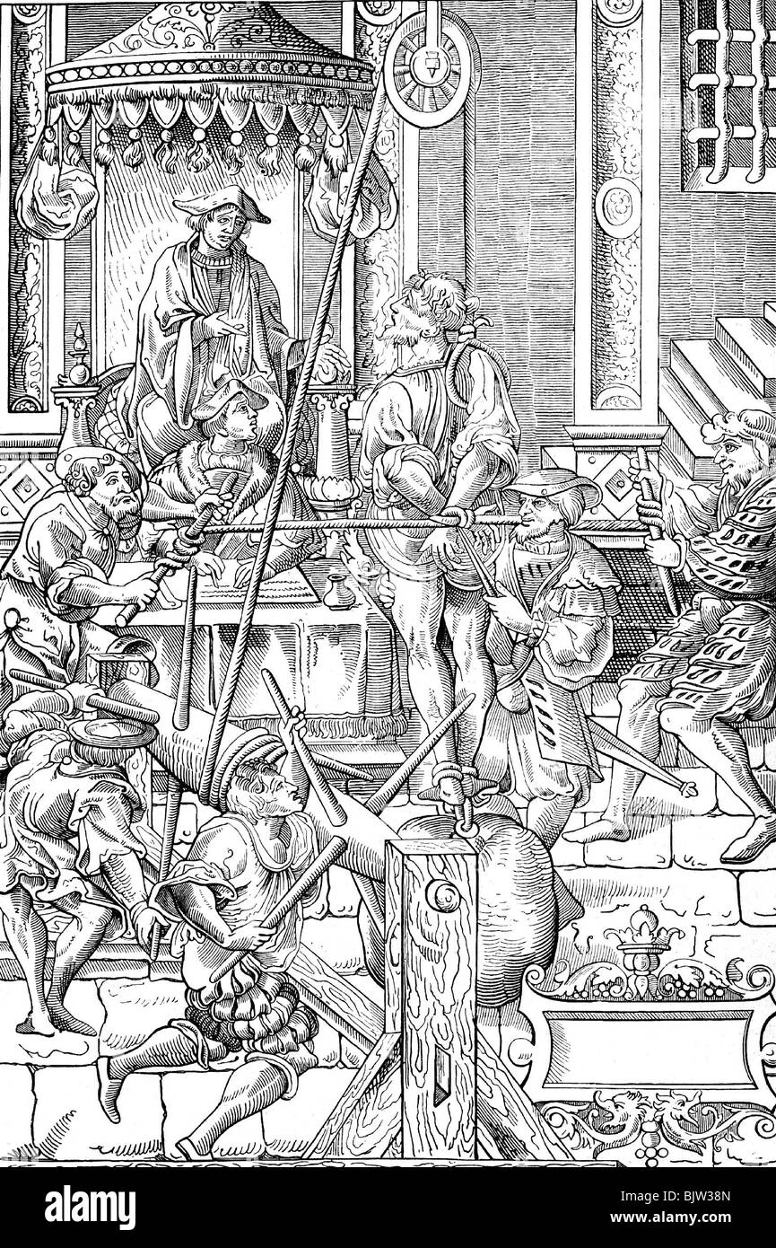 alchimie, alchimiste en brèche torturée pour révéler le secret de la triche de fabrication de l'or, bois, 1541, Banque D'Images
