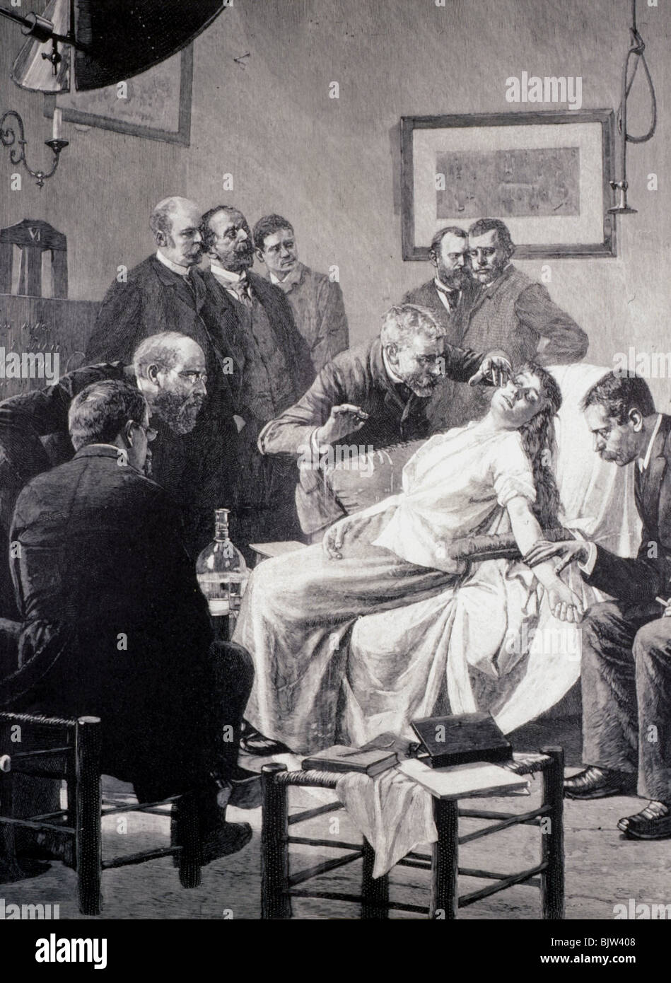 Médecine, hypnose, médecin hypnotisant patient, gravure de bois par Koehlein après peinture par R. Falkenberg, 1873, Banque D'Images