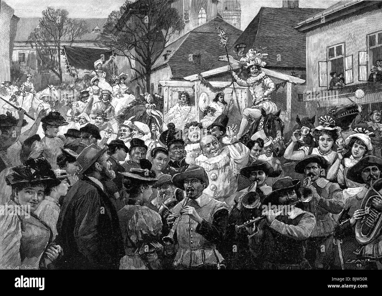 Festivité, carnaval, procession, défilé à Saint-Veit, Autriche, après dessin de W. Gausse, gravure en bois, XIXe siècle, historique, historique, rue, peuple, Banque D'Images