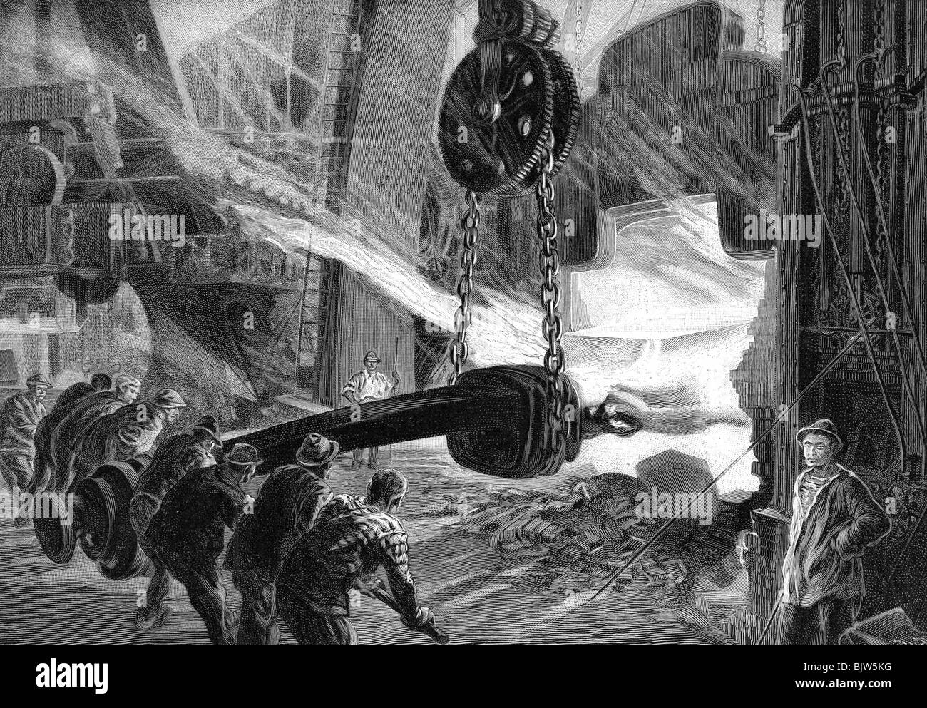 Industrie, métal, acier, manipulation de plaques d'armure, Schneider Works, le Creusot, France, gravure en bois, 1890, Banque D'Images