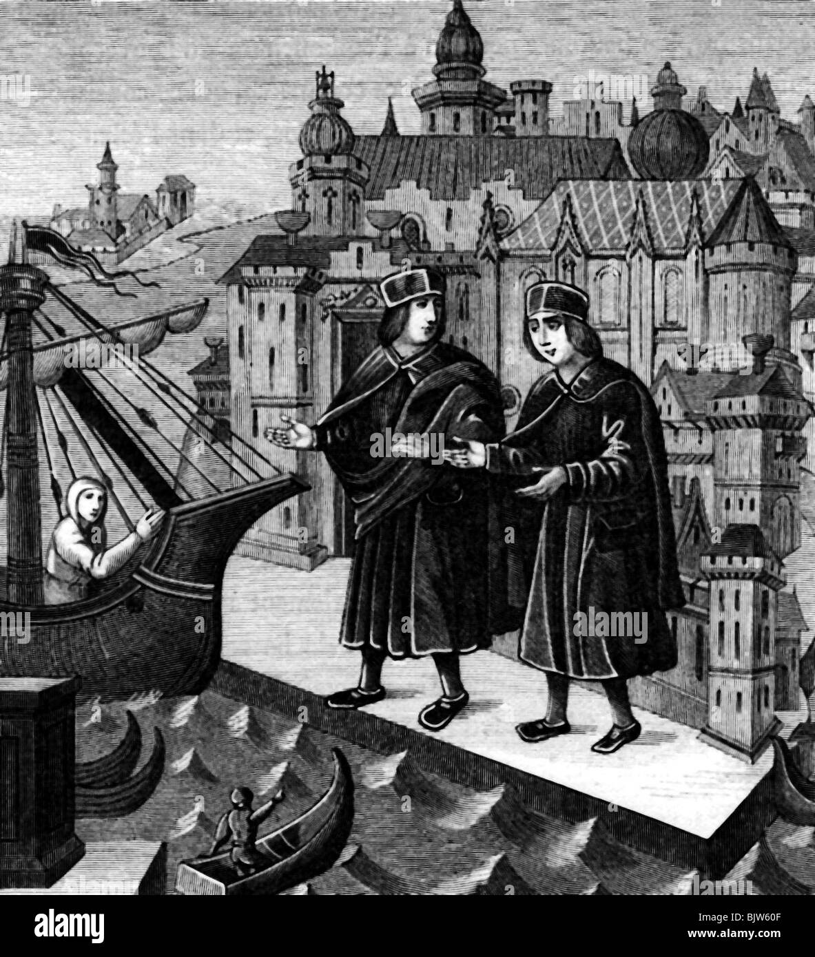 Moyen âge, commerce, marchands italiens à Levante, gravure en bois après miniature de 'Voyager de Marco Polo', XIVe siècle, Arsenale, Venise, Banque D'Images