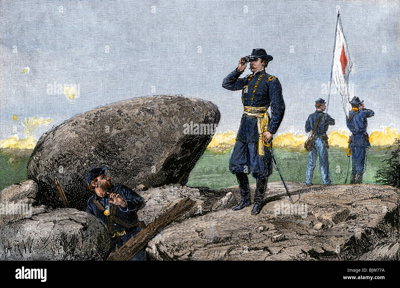 Général G. K. Warren à la station de signal sur Little Round Top positions des troupes d'observation, bataille de Gettysburg, 1863. À la main, gravure sur bois Banque D'Images