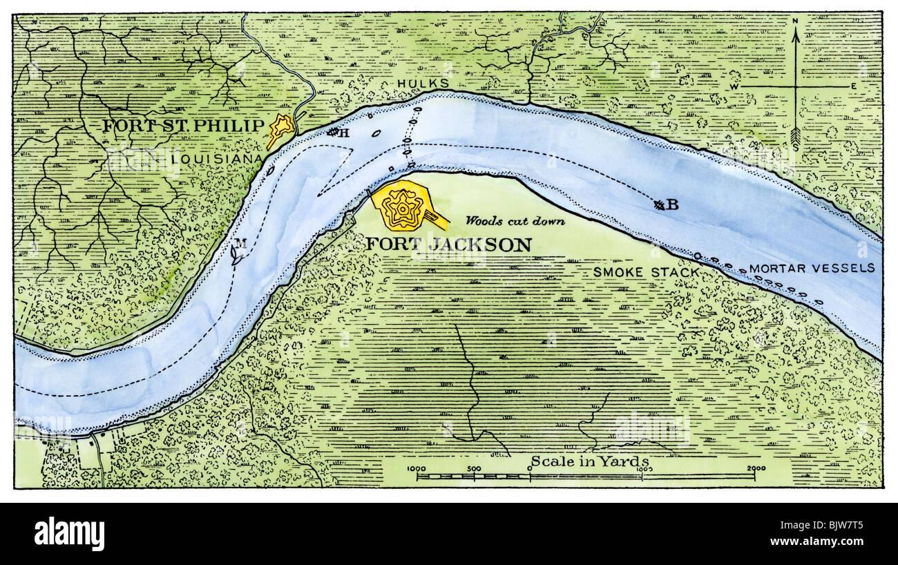 Route de l'USS 'Brooklyn' passé Fort Jackson, Civil War Battle of New Orleans, 1862. À la main, gravure sur bois Banque D'Images