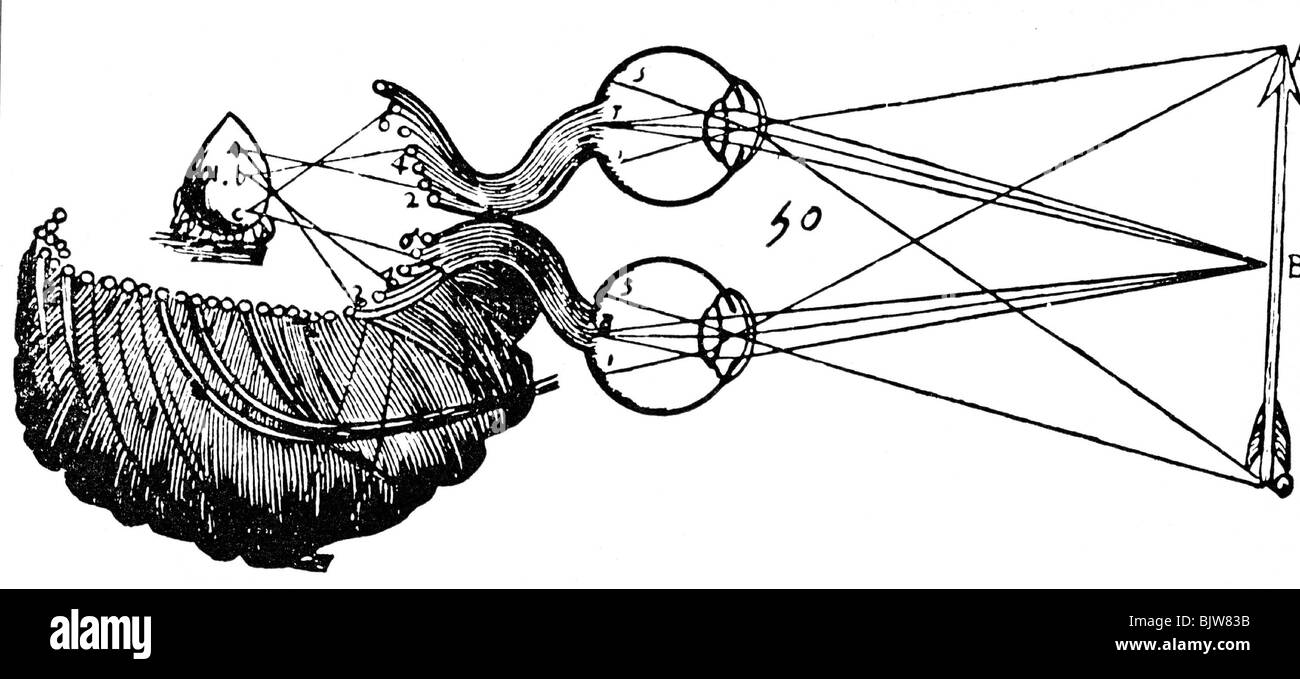 Médecine, âmes, la vue avec le pouvoir de la glande pinéale comme 'soul comitter', dessin de 'Traite de l'homme', par René Descartes, XVIIe siècle, , Banque D'Images