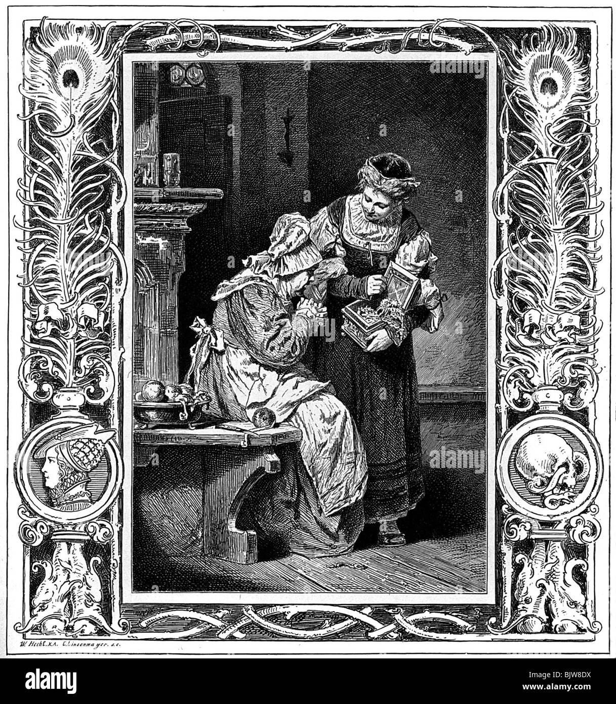 Littérature, 'Faust I', 10ème scène 'la maison du voisin', boisée par W. Hecht, vers 1870, Banque D'Images