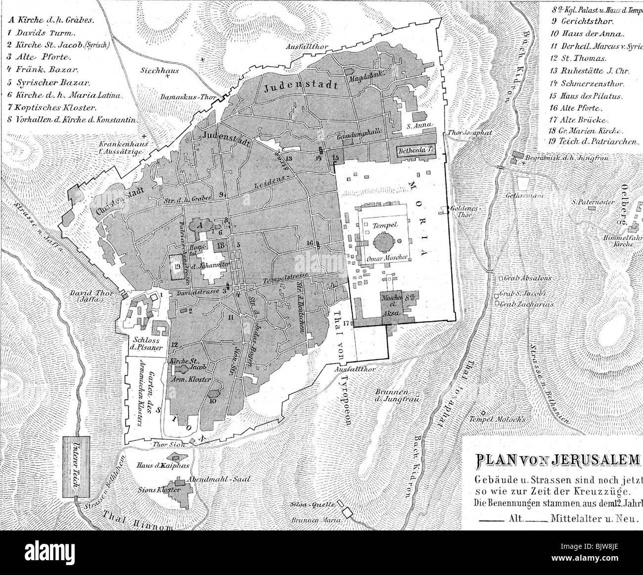 Géographie / voyage, Palestine, Jérusalem, carte de la ville dans l'époque médiévale, dessin, XIXe siècle, historique, historique, Moyen âge, cartographie, cartes, Banque D'Images