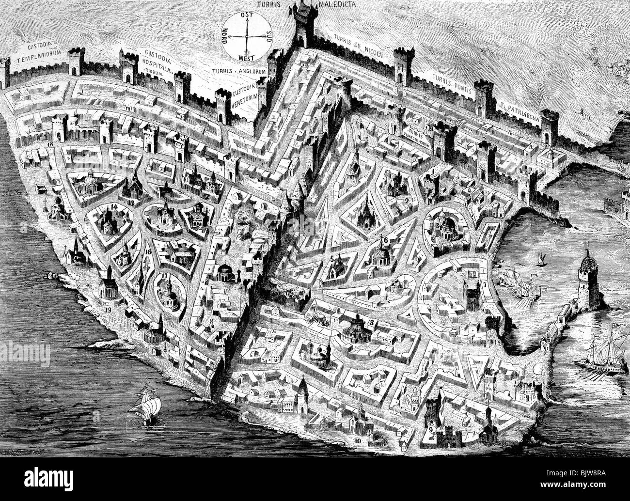 Âges moyens, croisades, Acre, dernière forteresse des croisés, déchu 1291, fortification, vers 1290, gravure sur bois, XIXe siècle, historique, historique, Palestine, Ptolemais, 1: Tour des Allemands, 2: Maison de l'ordre teutonique, 3: Palais patriach, 4. Fort, 5. Église Sainte-Marie, 6. Église de la Sainte-Croix, 7. Maison des Vénitiens, 8. Maison des Chevaliers de Saint-Jean, 9. Maison des templiers, 10. Monastère dominicain, 11. Monastère franciscain, 12. Église St Antonius, 13. Résidence des Templiers, 14. Hôpital St. JohN'S, 15. Église Saint-Giles, 16. Église Sainte-Catherine, 17. Q, Banque D'Images