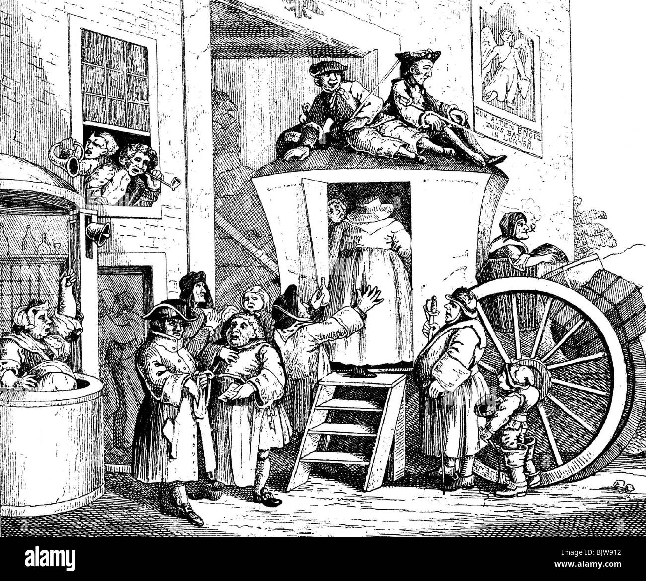 Mail / poste, mail coach, à la poste, caricature, après gravure en cuivre par William Hogarth, Grande-Bretagne, vers 1800, Banque D'Images