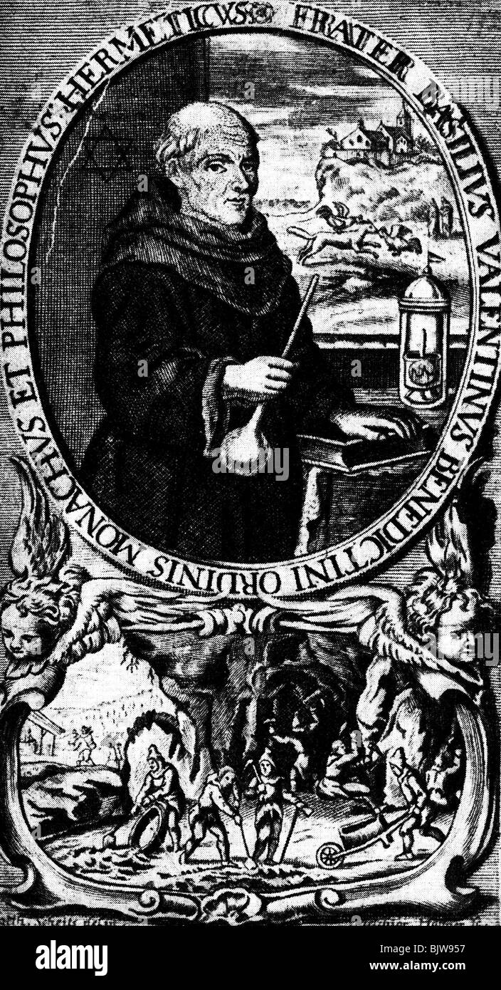 Basilius Valentinus, clergyman allemand (moine), depuis 1413 bénédictin et alchimiste, demi-longueur, gravure par Melchior Haffner, vers 1630, à 'Vom grossen Stein der uralten Weisen' (De la pierre du grand philosophe), Strassbourg, 1666, , Banque D'Images