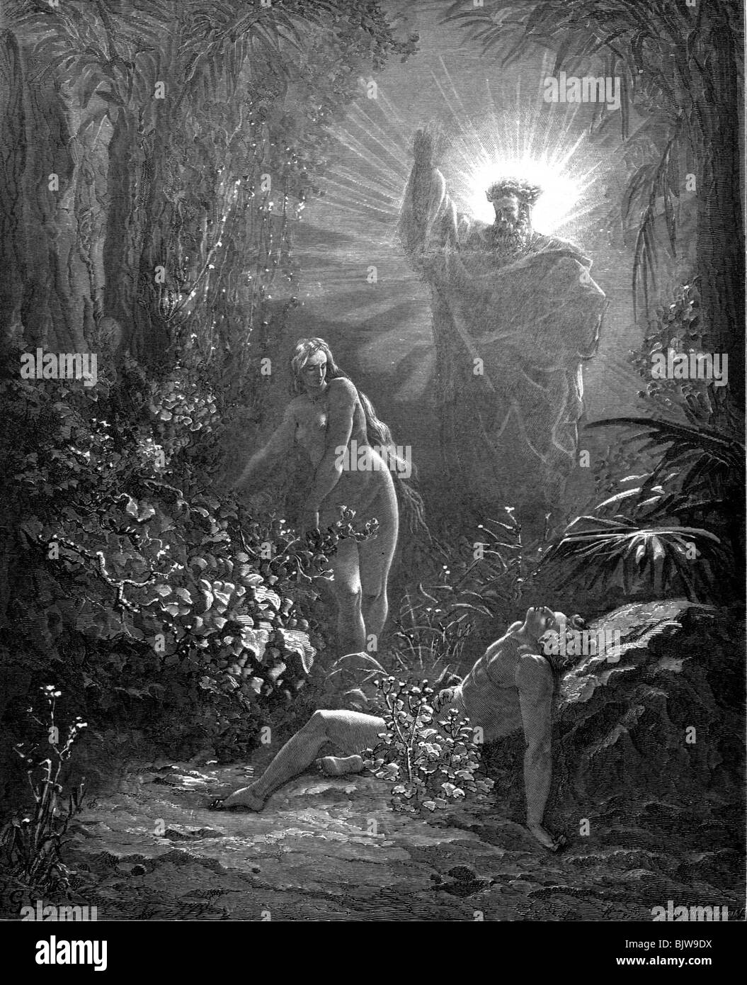La religion, scènes bibliques, Adam et Eve, le paradis, la création d'Eve, gravure sur bois par Gustave Dore (1832 - 1883), auteur de l'artiste n'a pas à être effacée Banque D'Images