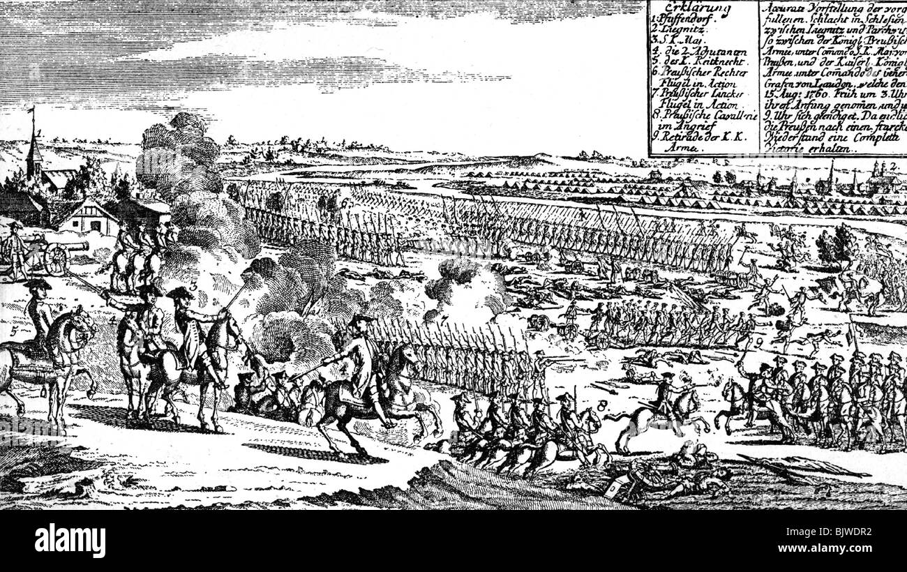Événements, guerre De Sept Ans 1756 - 1763, Bataille de Liegnitz (Legnica), victoire des troupes prussiennes sous le commandement du roi Frederick II "le Grand", 15.8.1760, après gravure de G. Stettner, Banque D'Images
