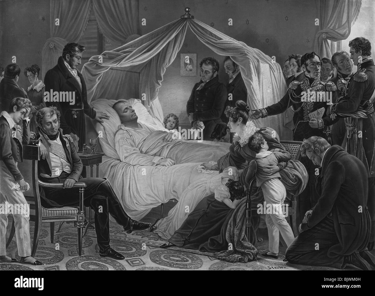 L'aquatinte Vintage print illustrant la mort de Napoléon Bonaparte le 5 mai 1821. Banque D'Images