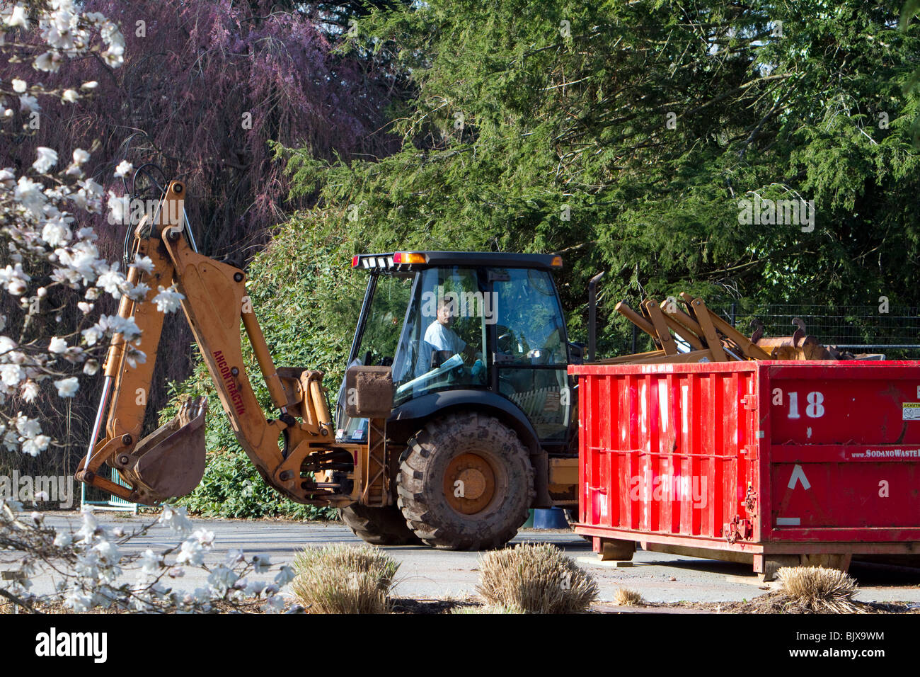 Un tracteur de jardin le chargement d'une benne de rouge avec du matériel de nettoyage de printemps. Banque D'Images