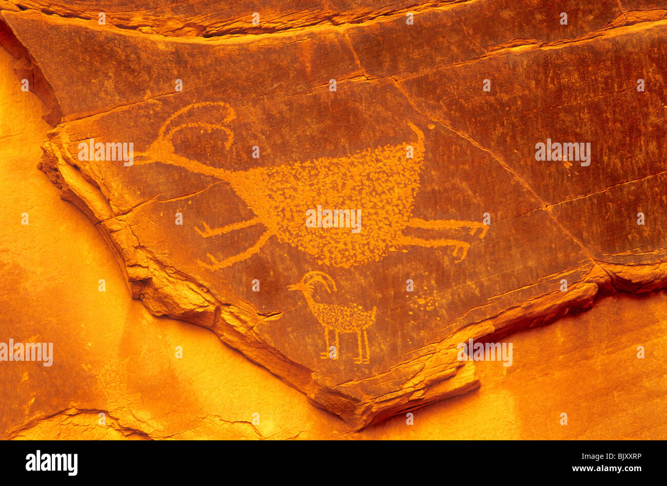 Pétroglyphes indiens de l'Amérique ancienne sculptée dans le grès à Monument Valley Navajo Tribal Park, Arizona, USA Banque D'Images