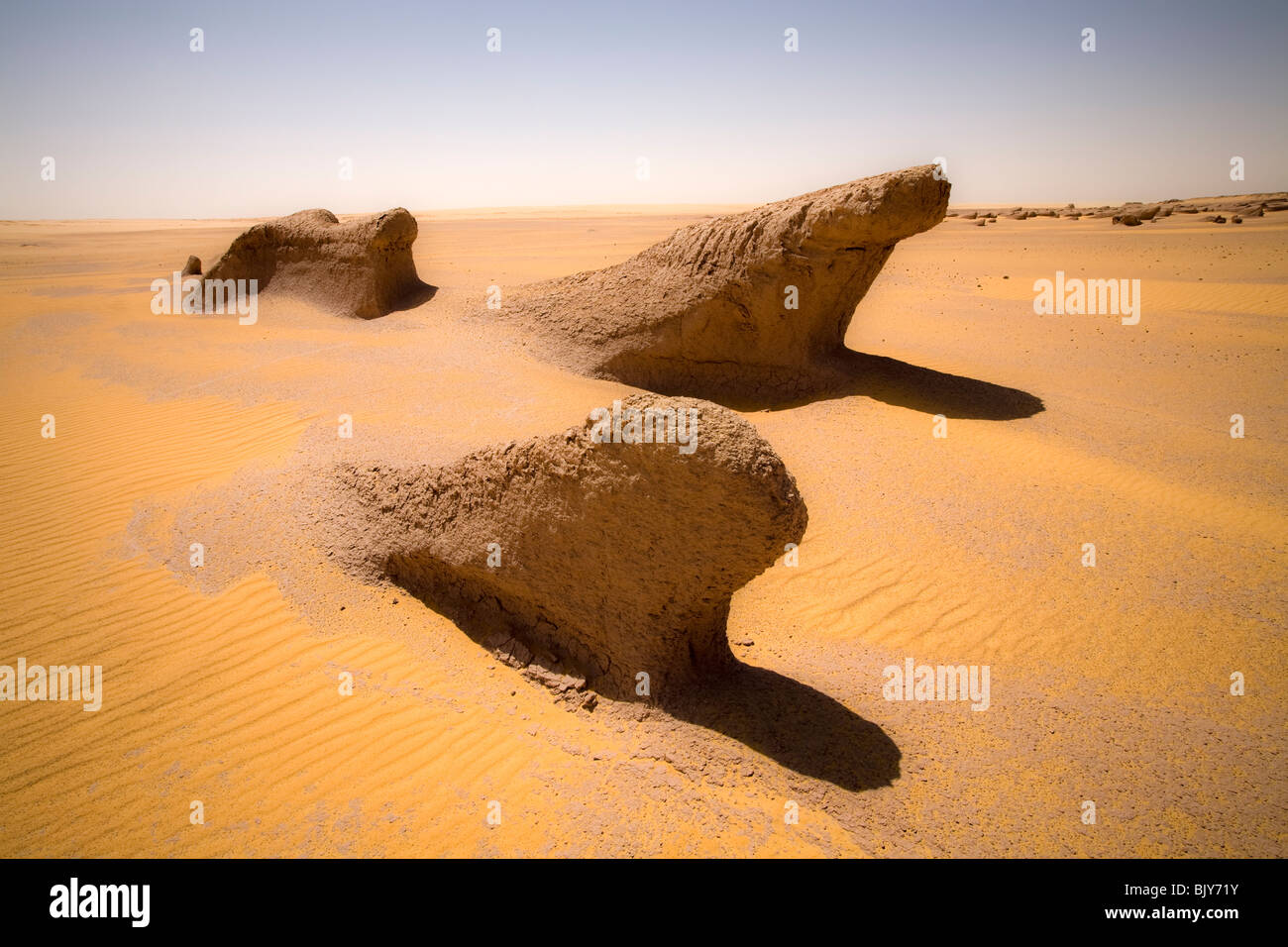 Close up of Yardangs, ou la boue des lions, à la mi journée en désert du Sahara, en route vers le Gilf Kebir, Désert occidental de l'Égypte Banque D'Images
