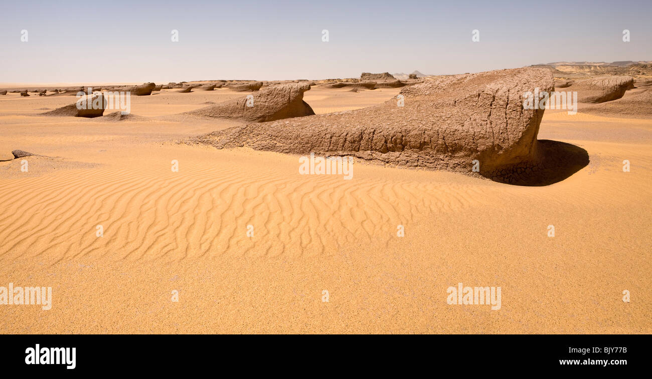 Yardangs, ou la boue des lions, à la mi journée en désert du Sahara, en route vers le Gilf Kebir, Désert occidental de l'Égypte Banque D'Images