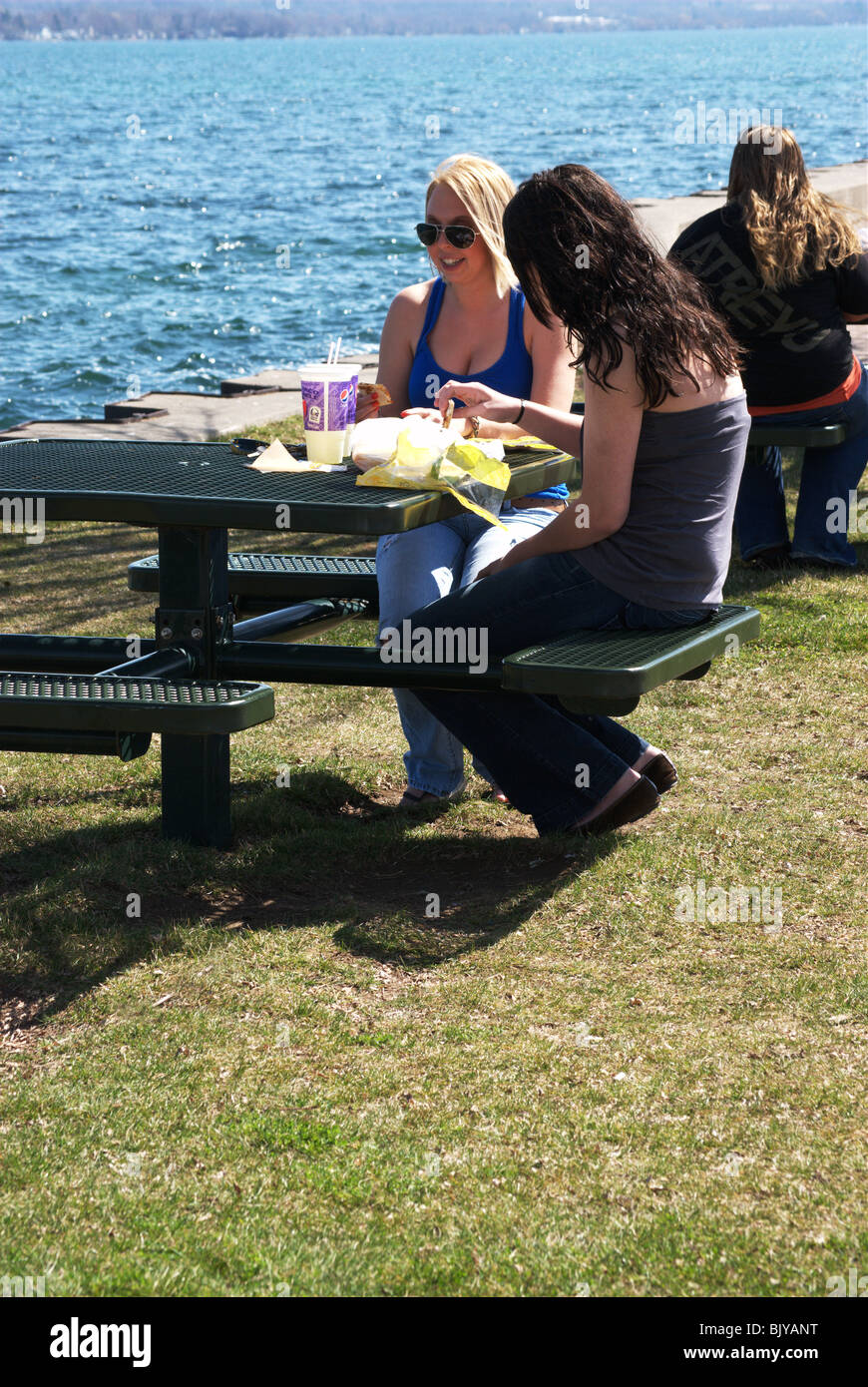 Des étudiants d'apprécier un déjeuner au bord du lac Canandaigua Pier, l'un des Finger Lakes dans l'État de New York. Banque D'Images