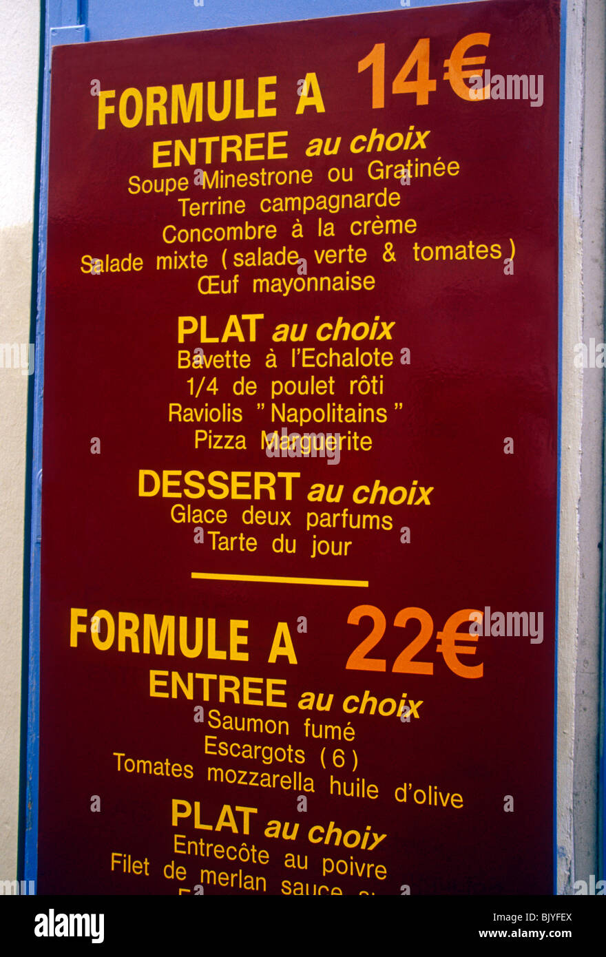 Prix en euros, signe, menu, restaurant français, anglais de la
